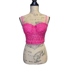 Sexy Corset Lace Bra Crop Top Summer Party Bustier Strappy Bedazzled Pink SMALL